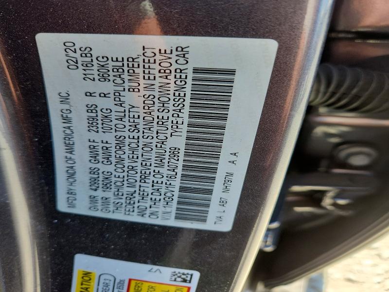 62115996 :رقم المزاد ، 1HGCV1F16LA072969 vin ، 2020 Honda Accord مزاد بيع