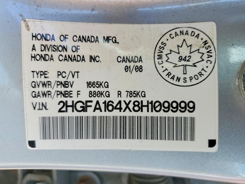 2008 Honda Civic მანქანა იყიდება აუქციონზე, vin: 2HGFA164X8H109999, აუქციონის ნომერი: 59116126