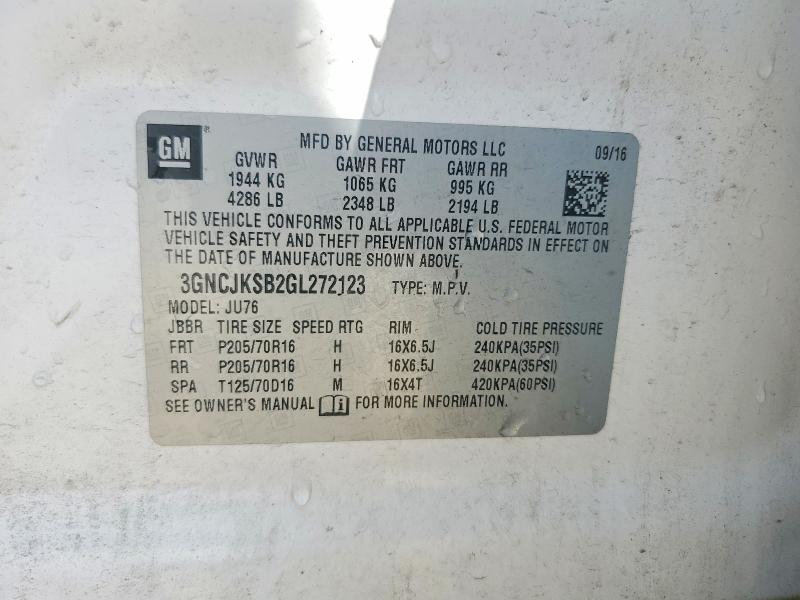 Продаж на аукціоні авто 2016 Chevrolet Trax, vin: 3GNCJKSB2GL272123, номер лоту: 95589815