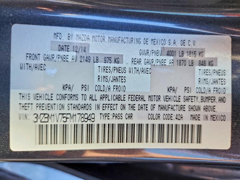 60582626 :رقم المزاد ، 3MZBM1V75FM178949 vin ، 2015 Mazda 3 مزاد بيع