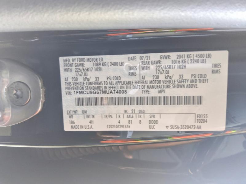 Продажа на аукционе авто 2021 Ford Escape, vin: 1FMCU9G67MUA74008, номер лота: 59970616