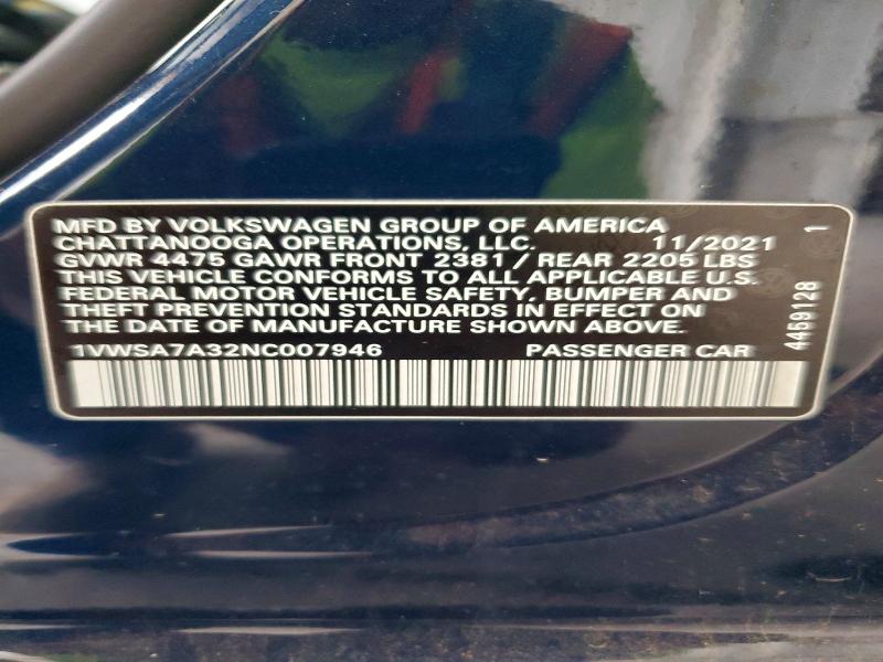 Продаж на аукціоні авто 2022 Volkswagen Passat, vin: 1VWSA7A32NC007946, номер лоту: 68930506