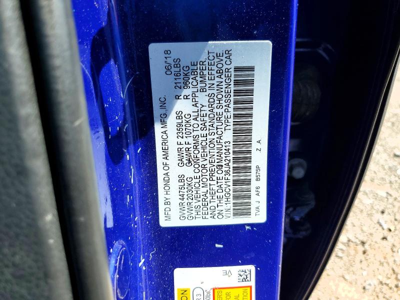 Продаж на аукціоні авто 2018 Honda Accord, vin: 1HGCV1F36JA210413, номер лоту: 61810486