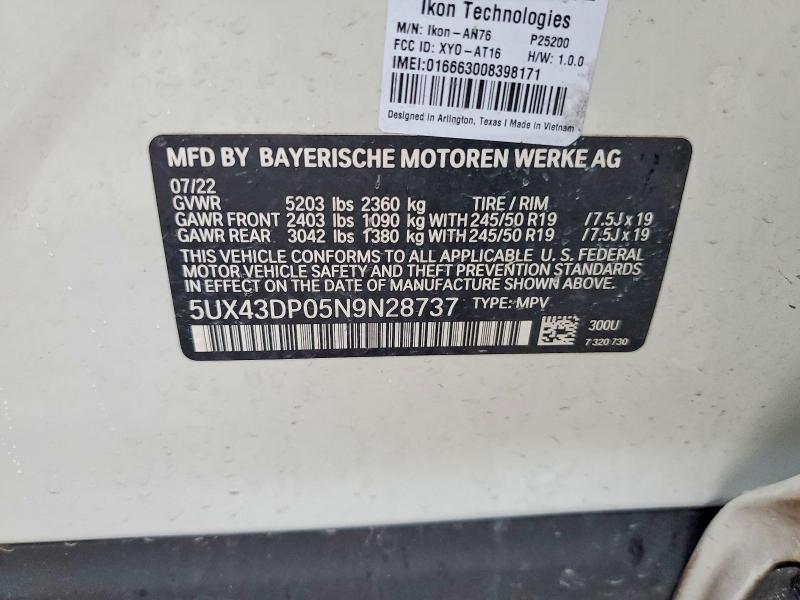 60295166 :رقم المزاد ، 5UX43DP05N9N28737 vin ، 2022 Bmw X3 مزاد بيع
