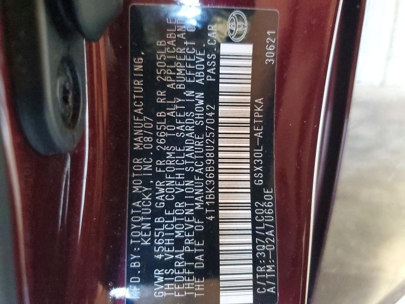 59921886 :رقم المزاد ، 4T1BK36B98U257042 vin ، 2008 Toyota Avalon مزاد بيع
