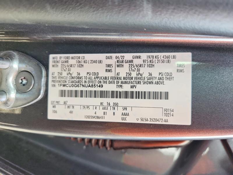 Продаж на аукціоні авто 2022 Ford Escape, vin: 1FMCU0G67NUA85149, номер лоту: 61793736