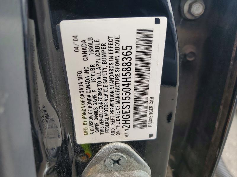 Aukcja sprzedaży 2004 Honda Civic, vin: 2HGES15504H588365, numer aukcji: 62298236