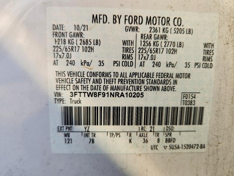 2022 Ford Maverick მანქანა იყიდება აუქციონზე, vin: 3FTTW8F91NRA10205, აუქციონის ნომერი: 61782056