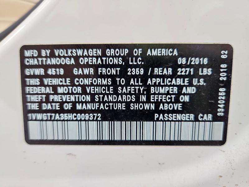 Продажа на аукционе авто 2017 Volkswagen Passat, vin: 1VWGT7A35HC009372, номер лота: 59868226