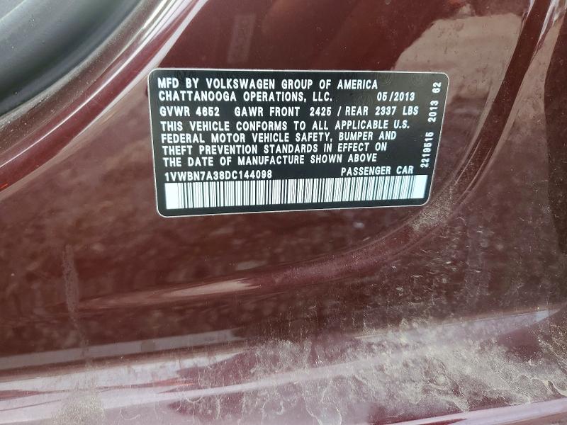Aukcja sprzedaży 2013 Volkswagen Passat, vin: 1VWBN7A38DC144098, numer aukcji: 59829516