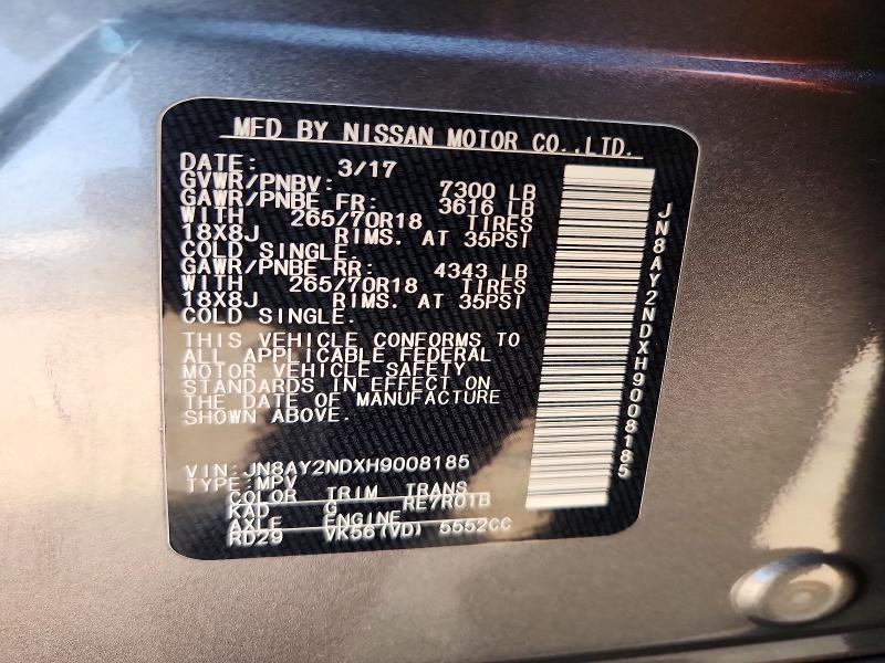 2017 Nissan Armada მანქანა იყიდება აუქციონზე, vin: JN8AY2NDXH9008185, აუქციონის ნომერი: 62965976