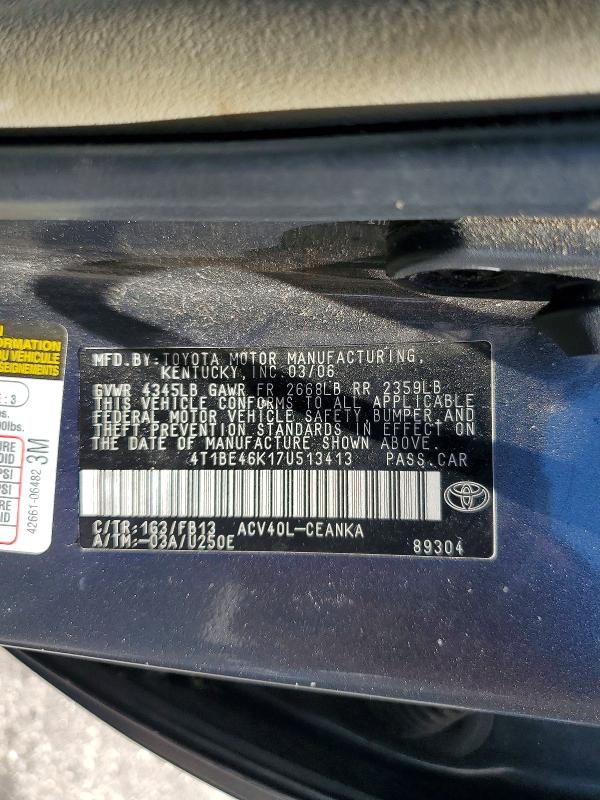 2007 Toyota Camry მანქანა იყიდება აუქციონზე, vin: 4T1BE46K17U513413, აუქციონის ნომერი: 63222286
