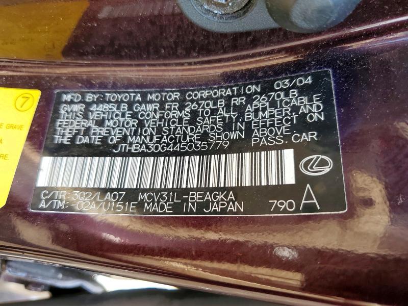 2004 Lexus Es მანქანა იყიდება აუქციონზე, vin: JTHBA30G445035779, აუქციონის ნომერი: 62817126