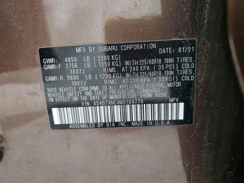 2021 Subaru Outback მანქანა იყიდება აუქციონზე, vin: 4S4BTANC4M3164778, აუქციონის ნომერი: 60171386