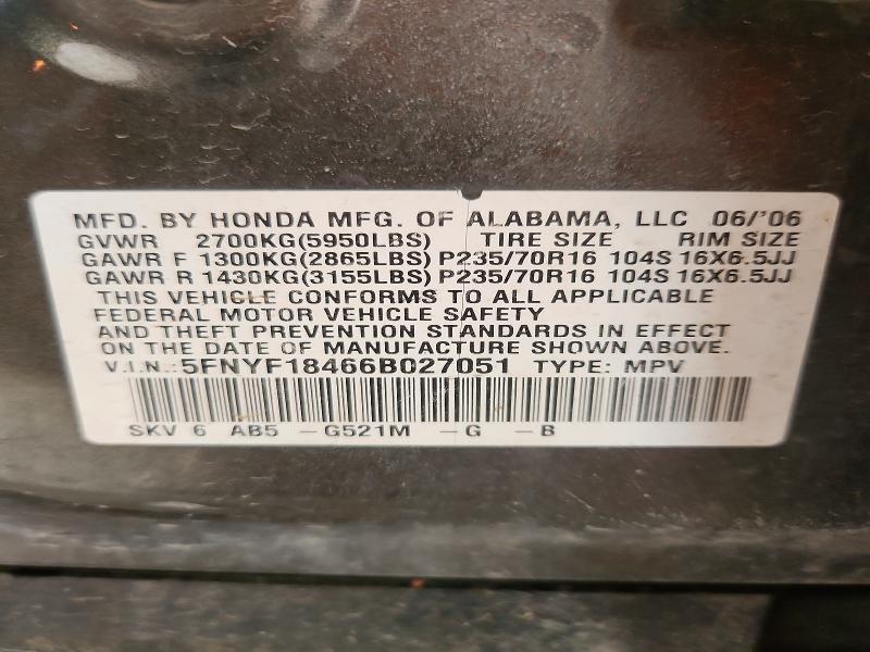 2006 Honda Pilot მანქანა იყიდება აუქციონზე, vin: 5FNYF18466B027051, აუქციონის ნომერი: 61671086