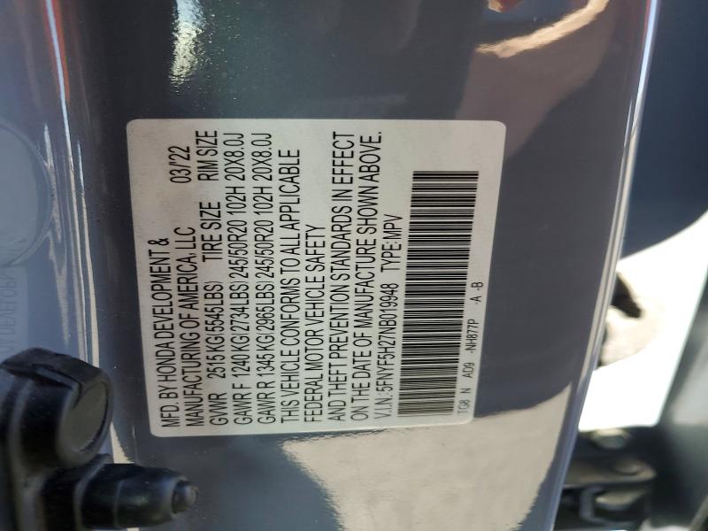 2022 Honda Pilot მანქანა იყიდება აუქციონზე, vin: 5FNYF5H27NB019948, აუქციონის ნომერი: 56186916