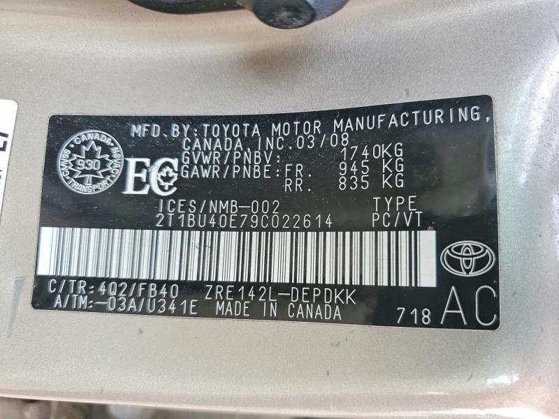 62024236 :رقم المزاد ، 2T1BU40E79C022614 vin ، 2009 Toyota Corolla مزاد بيع