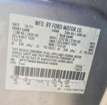 63206306 :رقم المزاد ، 3FTTW8E98NRA14009 vin ، 2022 Ford Maverick مزاد بيع