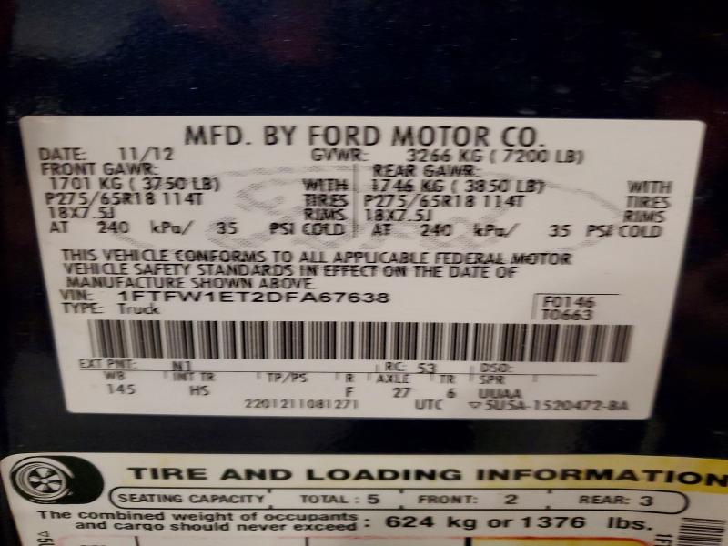 2013 Ford F150 მანქანა იყიდება აუქციონზე, vin: 1FTFW1ET2DFA67638, აუქციონის ნომერი: 60797976