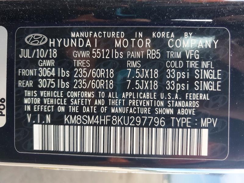 2019 Hyundai Santa Fe Xl მანქანა იყიდება აუქციონზე, vin: KM8SM4HF8KU297796, აუქციონის ნომერი: 59799826