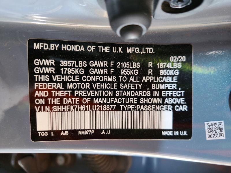 2020 Honda Civic მანქანა იყიდება აუქციონზე, vin: SHHFK7H61LU218877, აუქციონის ნომერი: 61987776