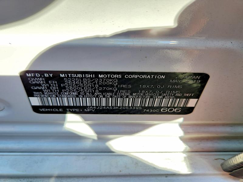 2019 Mitsubishi Outlander მანქანა იყიდება აუქციონზე, vin: JA4J24A53KZ053395, აუქციონის ნომერი: 61101256