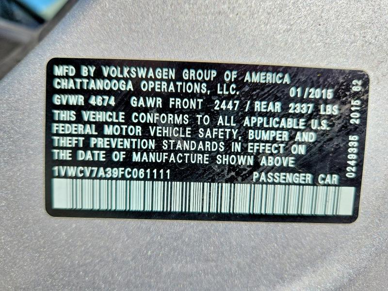 2015 Volkswagen Passat მანქანა იყიდება აუქციონზე, vin: 1VWCV7A39FC061111, აუქციონის ნომერი: 61739416