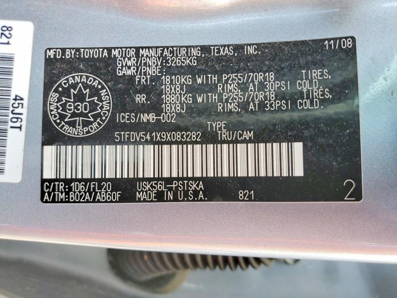 2009 Toyota Tundra მანქანა იყიდება აუქციონზე, vin: 5TFDV541X9X083282, აუქციონის ნომერი: 60141876