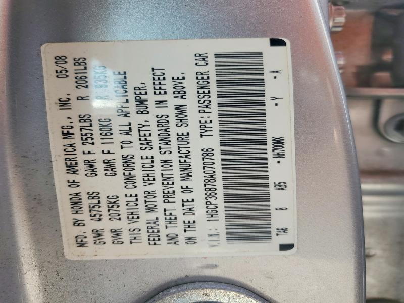 61040676 :رقم المزاد ، 1HGCP36878A070786 vin ، 2008 Honda Accord مزاد بيع