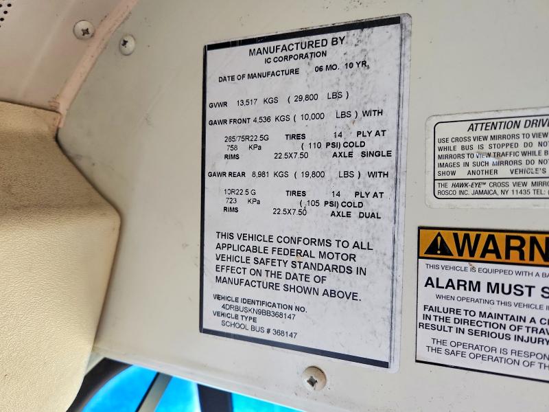 Продаж на аукціоні авто 2011 Ic Corporation School Bus, vin: 4DRBUSKN9BB368147, номер лоту: 59387746