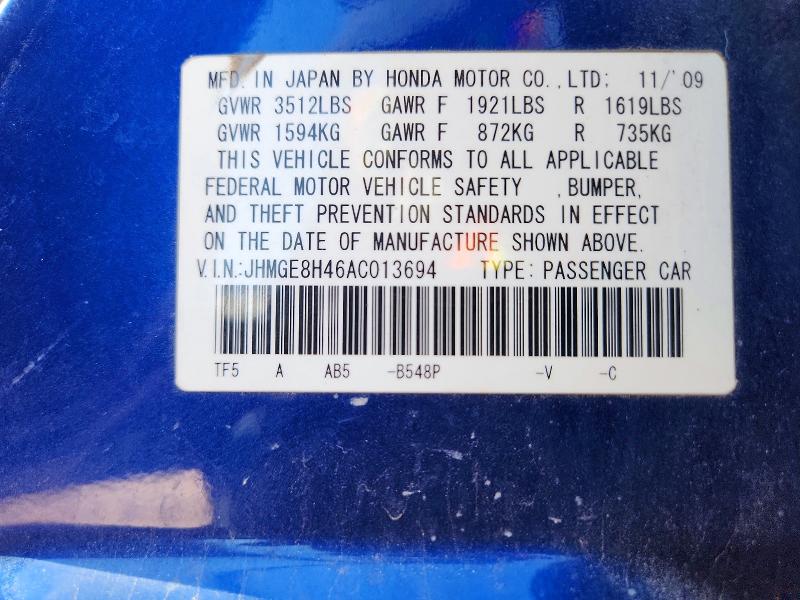61202966 :رقم المزاد ، JHMGE8H46AC013694 vin ، 2010 Honda Fit مزاد بيع