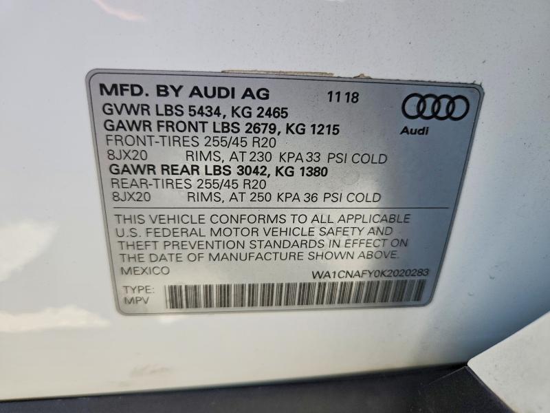 59327276 :رقم المزاد ، WA1CNAFY0K2020283 vin ، 2019 Audi Q5 مزاد بيع