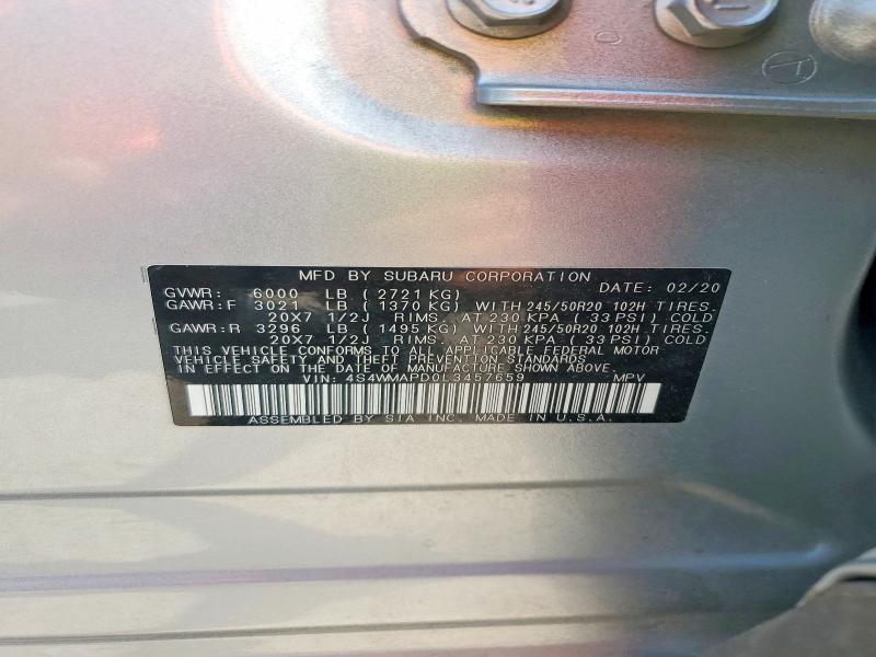 62515056 :رقم المزاد ، 4S4WMAPD0L3457659 vin ، 2020 Subaru Ascent مزاد بيع