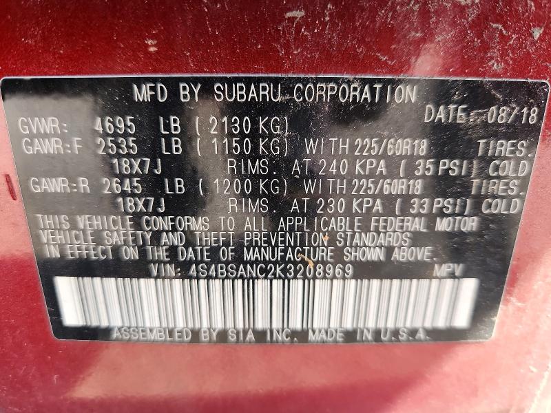 Aukcja sprzedaży 2019 Subaru Outback, vin: 4S4BSANC2K3208969, numer aukcji: 59238286