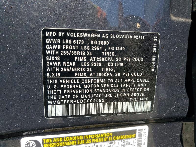 61324016 :رقم المزاد ، WVGFF9BP5BD004592 vin ، 2011 Volkswagen Touareg مزاد بيع