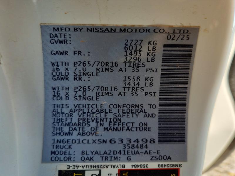 61567186 :رقم المزاد ، 1N6ED1CLXSN633498 vin ، 2025 Nissan Frontier مزاد بيع