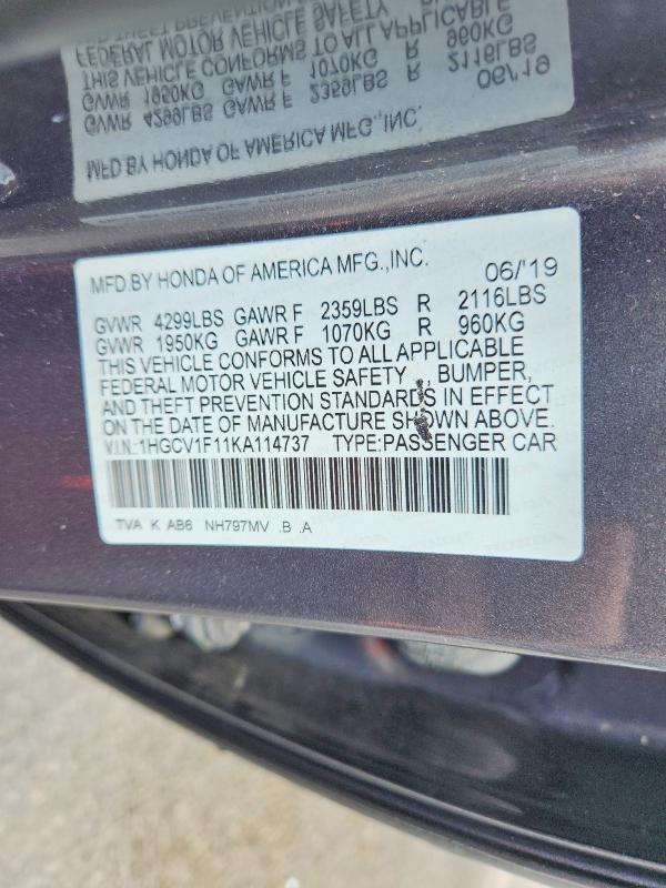 Продаж на аукціоні авто 2019 Honda Accord, vin: 1HGCV1F11KA114737, номер лоту: 62952516