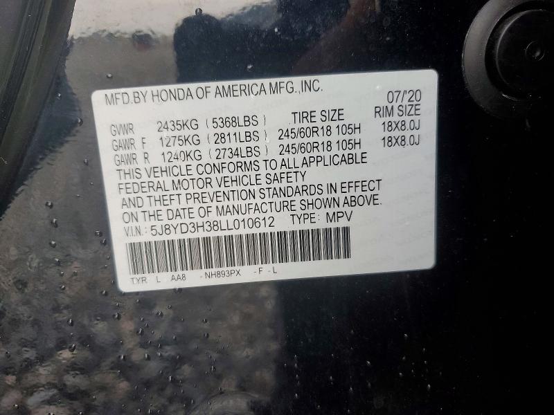 59999346 :رقم المزاد ، 5J8YD3H38LL010612 vin ، 2020 Acura Mdx مزاد بيع
