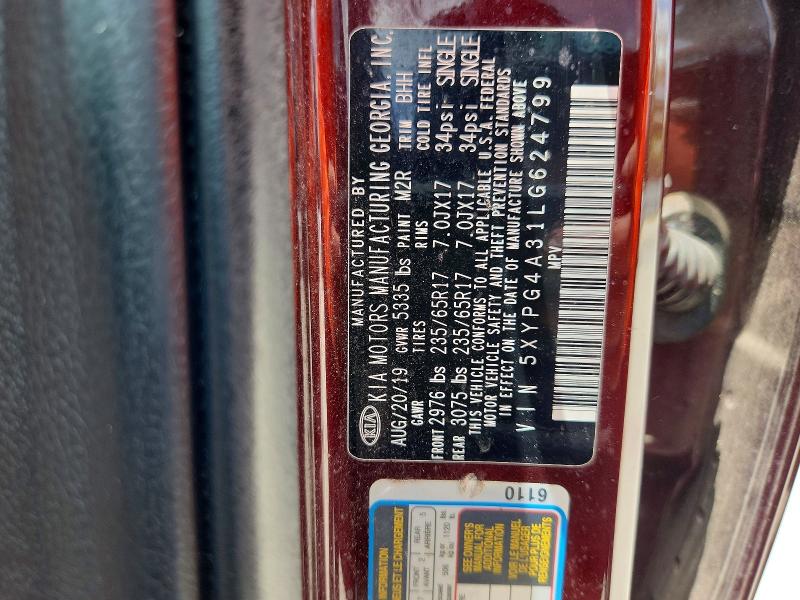 60554746 :رقم المزاد ، 5XYPG4A31LG624799 vin ، 2020 Kia Sorento مزاد بيع