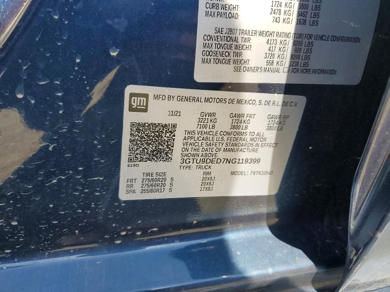 Aukcja sprzedaży 2022 Gmc Sierra Limited, vin: 3GTU9DED7NG119399, numer aukcji: 58813296