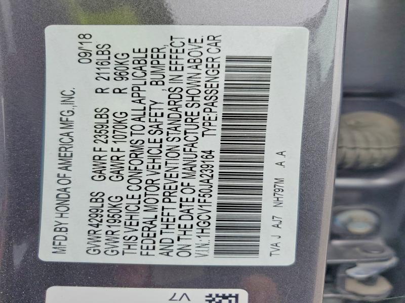 62267086 :رقم المزاد ، 1HGCV1F50JA239164 vin ، 2018 Honda Accord مزاد بيع