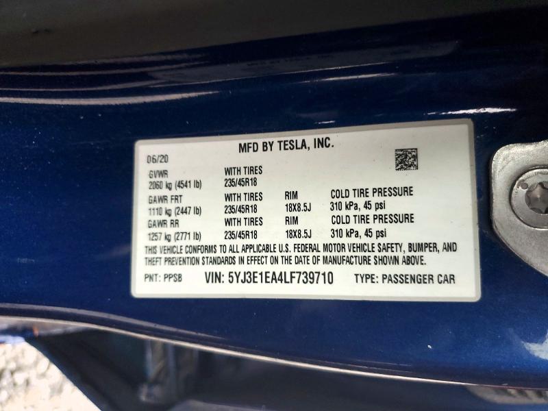 Продажа на аукционе авто 2020 Tesla Model 3, vin: 5YJ3E1EA4LF739710, номер лота: 59892706
