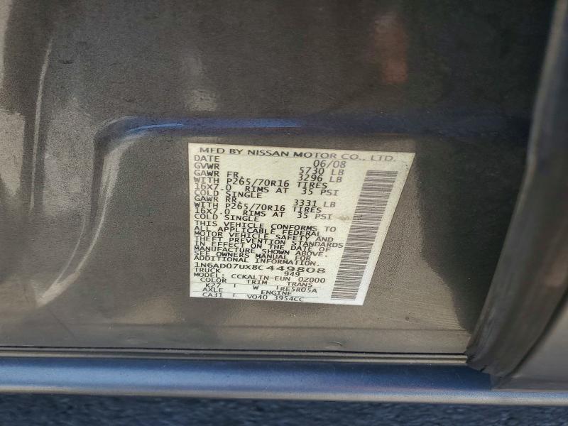 2008 Nissan Frontier მანქანა იყიდება აუქციონზე, vin: 1N6AD07UX8C449808, აუქციონის ნომერი: 61859016