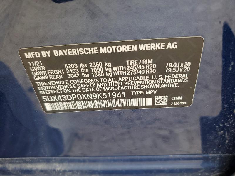 Aukcja sprzedaży 2022 Bmw X3, vin: 5UX43DP0XN9K51941, numer aukcji: 59777786