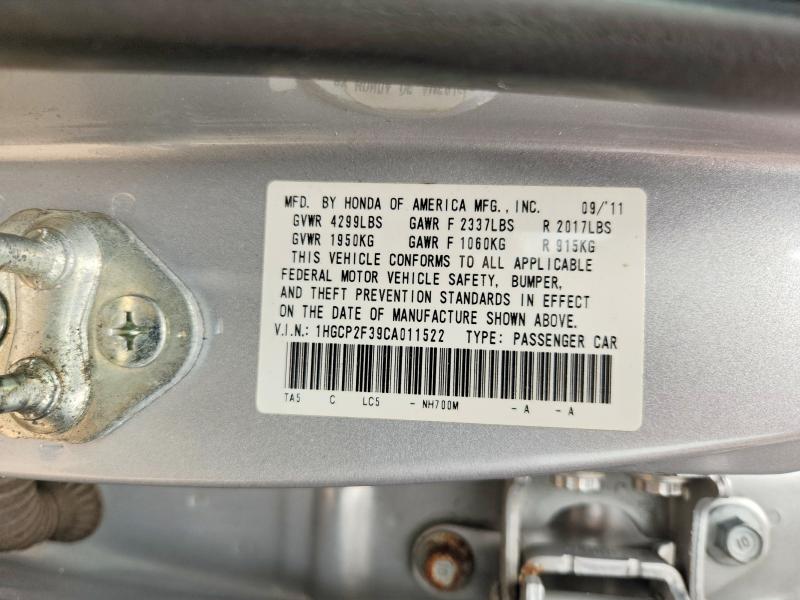 Auction sale of the 2012 Honda Accord, vin: 1HGCP2F39CA011522, lot number: 60614086