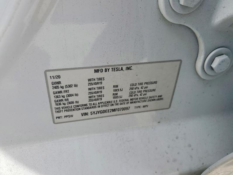2021 Tesla Model Y მანქანა იყიდება აუქციონზე, vin: 5YJYGDEE2MF070097, აუქციონის ნომერი: 62060576
