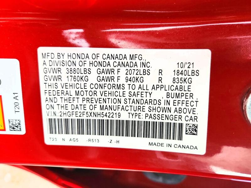 Aukcja sprzedaży 2022 Honda Civic, vin: 2HGFE2F5XNH542219, numer aukcji: 60485276
