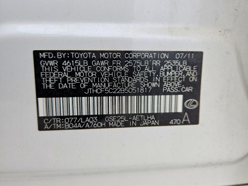 Aukcja sprzedaży 2011 Lexus Is, vin: JTHCF5C22B5051817, numer aukcji: 62023516