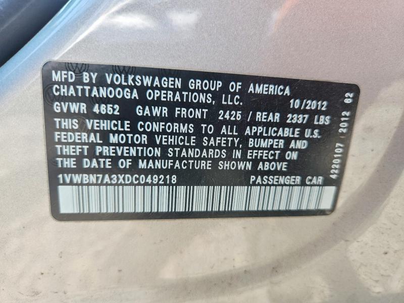 Aukcja sprzedaży 2013 Volkswagen Passat, vin: 1VWBN7A3XDC049218, numer aukcji: 61382766