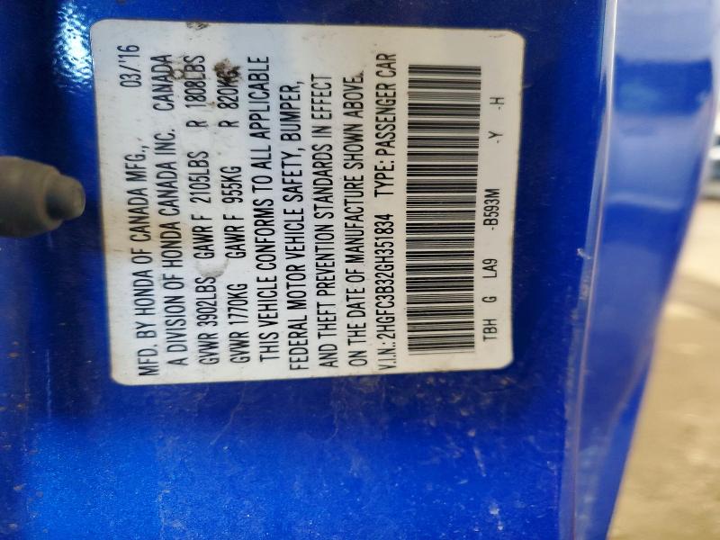 2016 Honda Civic მანქანა იყიდება აუქციონზე, vin: 2HGFC3B32GH351834, აუქციონის ნომერი: 59118776